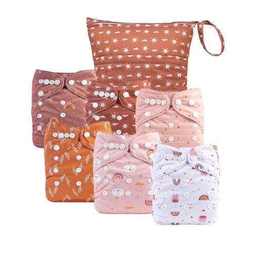 babygoal Cloth Diaper Covers 6 Pack with Wet Bag for Fitted Diapers and Prefolds with Double Gussets, Adjustable and Reusable for Baby Boys and Girls