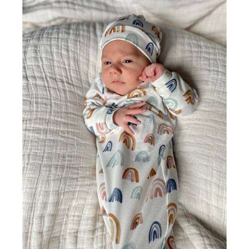 Gender Neutral Baby, Earth Tone Rainbow Organic Knotted Gown,Rainbow Baby, Newborn Baby; Baby Girl, Baby Boy, Premie Baby, Baby ShoweR