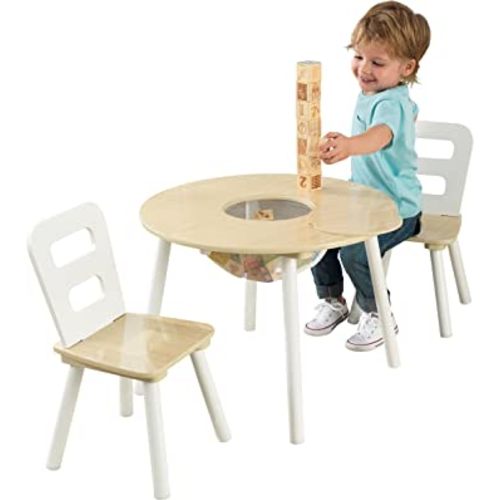 KidKraft Wooden Round Table & 2 Chair Set with Center Mesh Storage - Natural & White, Gift for Ages 3-6