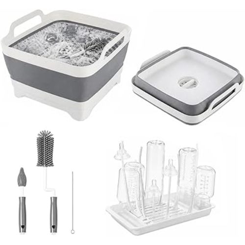 Collapsible Wash Basin for Baby Bottles with Drying Rack & Cleaning Brush - 9L Foldable Dish Tub with Handles, Kitchen Sink Space-Saving Wash Bin for Baby Bottles, RV Camping (3-in-1 Set)