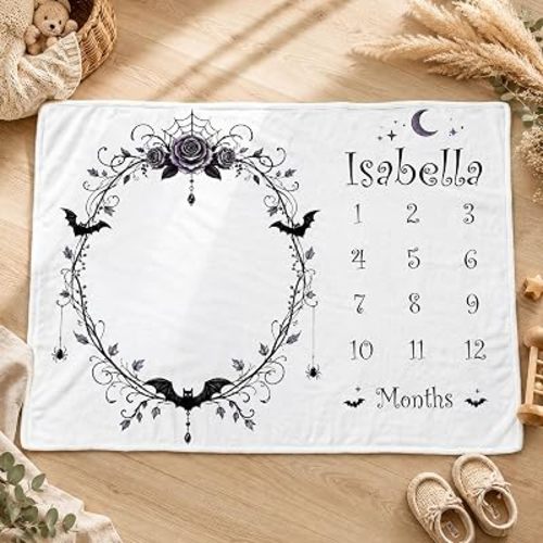 Personalized Halloween Milestone Blanket, Black Rose Bat Baby Photo Prop