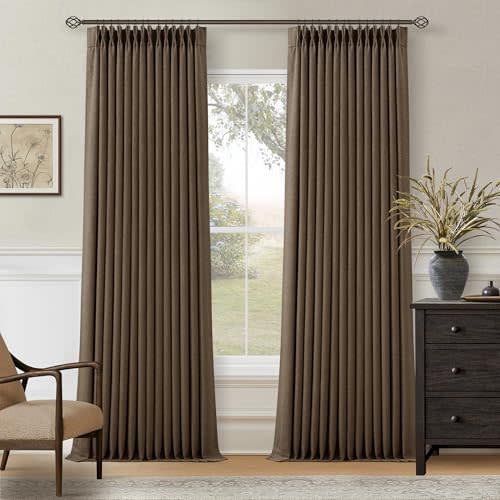 Thick Linen Pleated Brown Blackout Double Layer Curtains 90 Inches Long | Room Darkening Light Blocking, Thermal Insulated Curtain with Liner, for Living Room Bedroom, Pinch Pleat with Hooks Rings