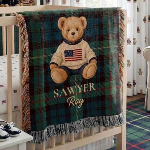 Personalized Preppy Teddy Bear Blanket, Woven Baby Boy Name Blanket, Plaid Nursery Decor, Classic Heirloom Baby Gift