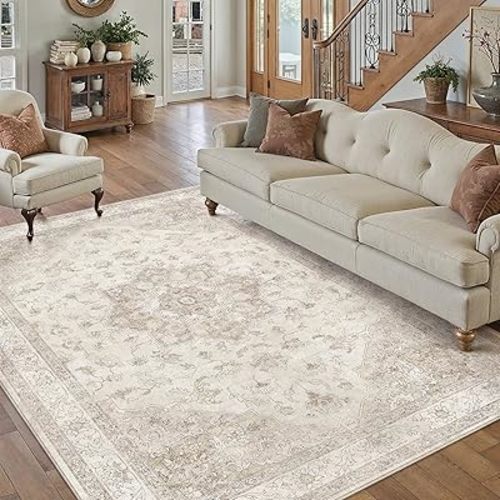 Beige Area Rug 5x7 Washable Vintage Carpet for Living Room Office Soft Retro Low Pile Thin Indoor Rug Non Slip Oriental Medallion Floor Cover for Bedroom Dining Room