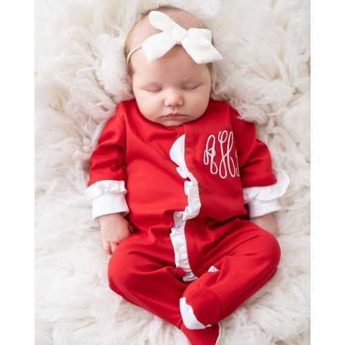 Baby girl Christmas outfit, baby girl coming home outfit, baby girl clothing, girl firefighter outfit, pima cotton, red ruffle footie