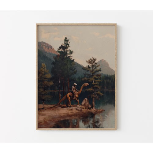 Vintage Dinosaur Cowboy Oil Painting Print | Western Jurassic Dinosaur Print | Gift for Him, Funny Print | VDC12