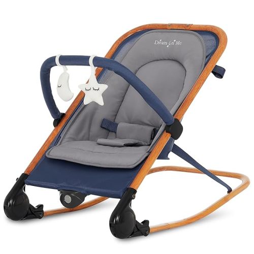 Dream On Me Rock On Me 2-in-1 Baby Rocker and Stationary Seat, Adjustable Recline, Gentle Music & Vibration, 3-Point Safety Harness, Detachable Toy Bar, Folds Compact for Travel – Black & Grey