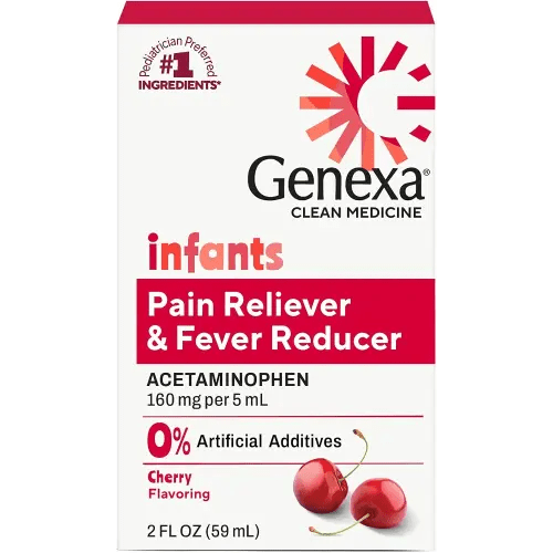 Genexa Infants' Clean Acetaminophen | Pediatrician Preferred Ingredients | Pain Reliever & Fever Reducer for Babies| Dye Free, 0% Artificial Additives | Delicious Organic Cherry Flavor, 2 fl oz