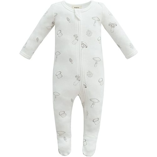 Owlivia Organic Cotton Baby Pajamas, Boys Girls Zip Front Sleep 'N Play, Footed Sleeper, Long Sleeve - Newborn - Gray Mushroom