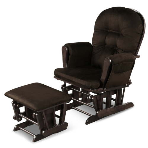 Gymax Glider and Ottoman Cushion Set Wood Baby Nursery Rocking Chair Brown