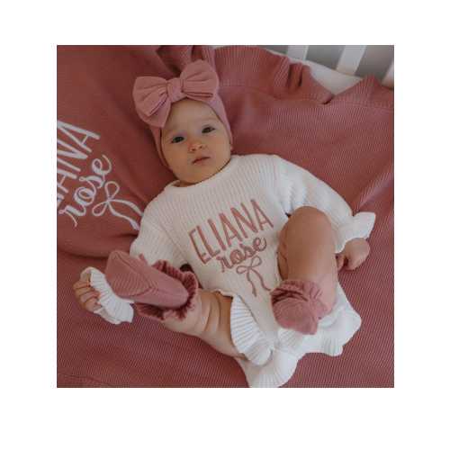 embroider baby knit ruffle chunky romper personalize newborn girl outfit bow booties blanket announcement photo coming home shower gift