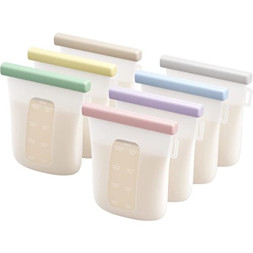 Nuliie 7 Pcs Silicone Breast Milk Storage Bags, Reusable Baby Food Pouches, Double Leak-Proof Breastmilk Freezer Bags, BPA Free 8oz/240ml Self-Standing Milk Bags for Breastfeeding