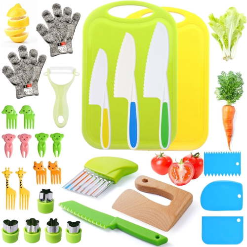 Kids Knife Set for Real Cooking - Toddler Knife Set, Montessori Kitchen Knife Set Toys & Gifts for 3-12 Year Old Girl Boy - Chef Safe Set, Cooking Sets with Cutting Board Wooden Knife
