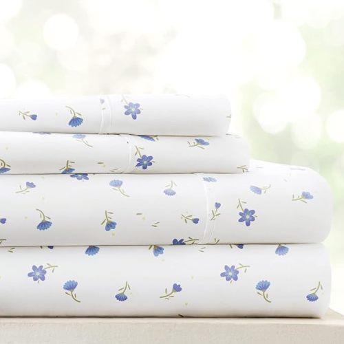 Linen Market Double-Brushed Patterned Microfiber Full Sheet Set 4 Piece – Oeko-TEX Certified Ultra Soft & Wrinkle-Free - 16" Deep Pocket Sheets - Easy Care Full Size - Soft Floral Light Blue