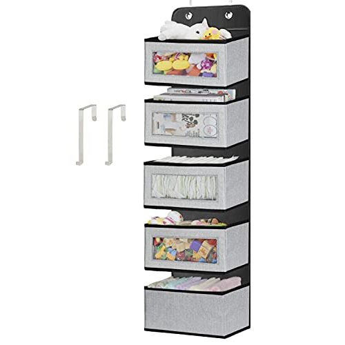 Over The Door Hanging Organizer with 5 Big Pocket,Wall Mount Storage with Clear Windows and 2 Widened Metal Hooks for Pantry, Baby's Room Nursery, Bathroom,Kitchen,Closet,Diapers,Dorm (White)