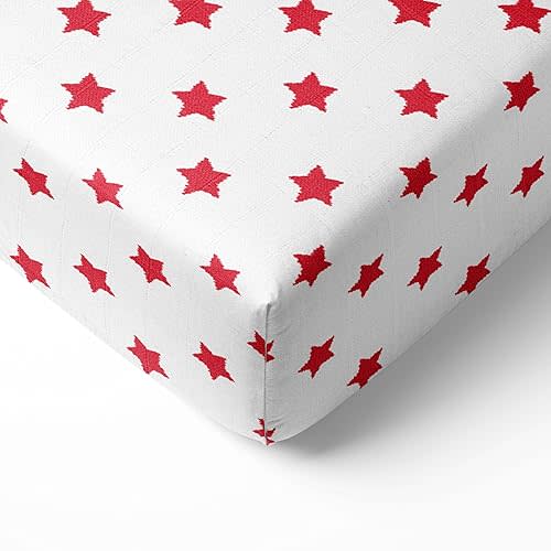 Bacati - Stars Silky Soft Breathable 100% Cotton Muslin Baby Crib Fitted Sheets - Fits Standard 28 x 52 x 5 Crib & Toddler Mattresses (Ikat Stars Red)