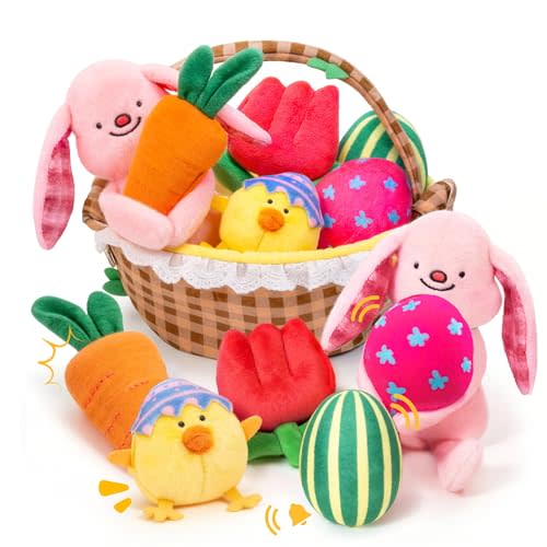 JoyCat Baby Easter Basket, Easter Gifts for Baby Girl Boys Toddlers Kids, 6 PCS Plush Sensory Playset with Bunny Chick Egg Carrot Tulip Toys, Rattle, Squeaker & Crinkle Plush Toys, Easter Egg Hunt