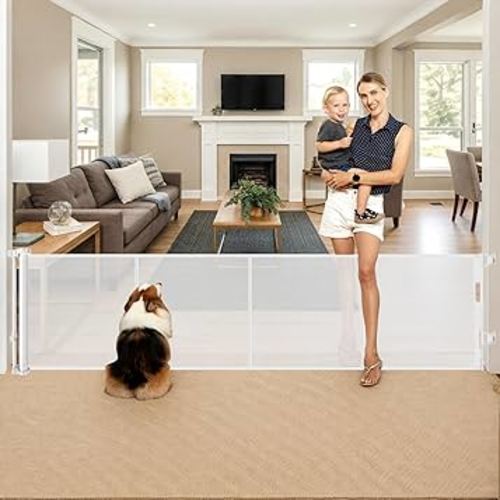 Reinforced 28 Inch Tall Retractable Baby Gates for Dogs - Easy Step Over, 100" Extra Wide Baby Gate with Support Rods, Indoor Mesh Dog Gates for The House Outdoor Retractable Gate Small Pet Gate/White
