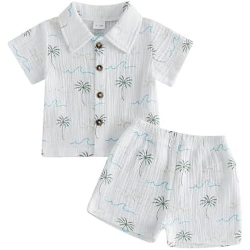 WZTYYDS Toddler Boy Summer Clothes Baby Dinosaur Outfit Short Sleeve Button Down Collared Shirt Tops Shorts Set