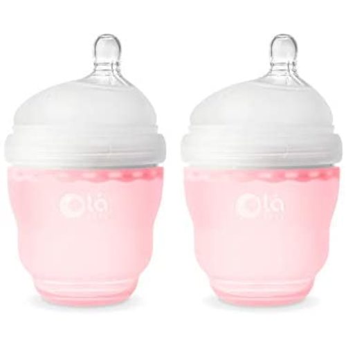 Olababy Gentle Silicone Baby Bottle, Anti-Colic, BPA Free, Easy to Clean and Wide Neck Baby Bottles Best for Breast Feeding Babies 2 Piece Set (4 oz, Rose)