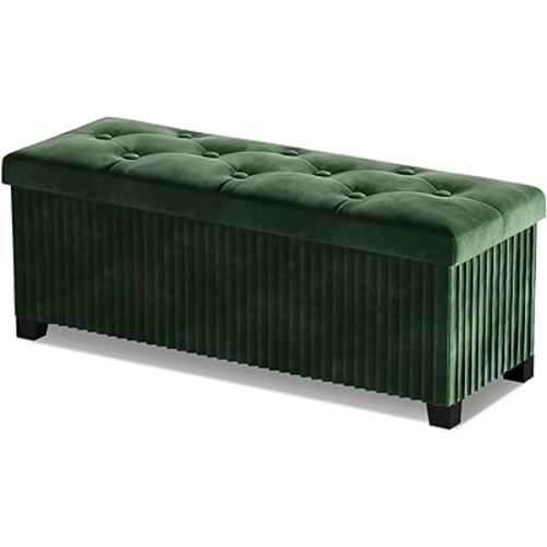 Storage Ottoman Bench, 43 Inch Foldable Ottoman with Legs, Velvet Foot Rest Stool, End of Bed Bench, Storage Chest for Living Room, Bedroom (Green)