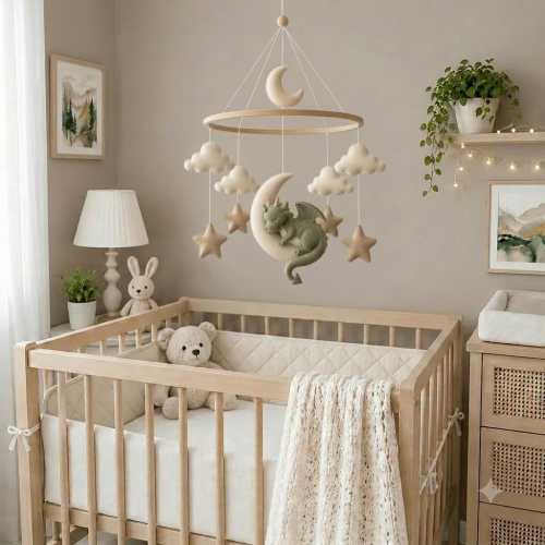 Dragon Baby Mobile, Felt Moon Star Crib Mobile, Woodland Fantasy Nursery Decor, Green Dragon Mobile, Baby Shower Gift, Handmade Baby Mobile