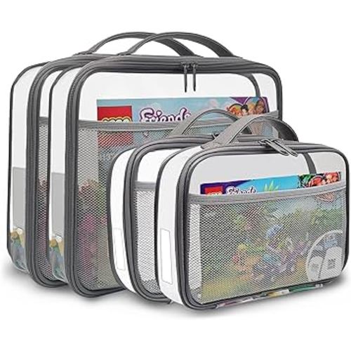 4 Packs PVC Zippered Blocks Set, Toy, Clay, Board game Storage Organizer Case (Name Tag, Manual Pocket) (Gray, Small, Large)