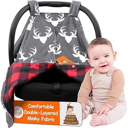 Dear Baby Gear - 40x30 Car Seat Canopy, Infant Carrier Cover for Boys & Girls, Cozy Fall, Nursing & Stroller Use, Newborn Travel Sunshade, White Antlers, Plaid Red & Black Buffalo