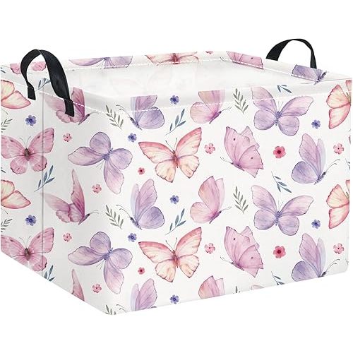 HIYAGON Rectangular Pink Basket for Girls Kids Baby Storage Basket Toy Storage Bin Organizer Box Room Decor(Watercolor Butterfly)