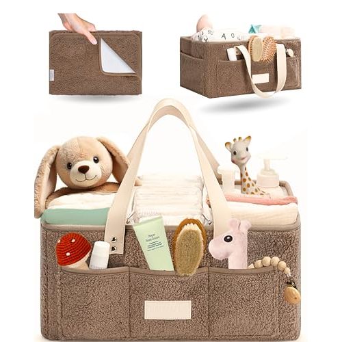 Baby Diaper Caddy Organizer with Portable Changing Mat - Teddy Fleece Diaper Organizer for Changing Table - Basket for Changing Essentials - Baby Essentials Organizer with Removable Dividers