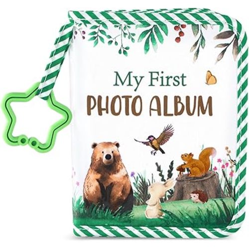 Baby's My First Family Album Soft Photo Cloth Book Greenery Bear My First Book of Photos Baby Memory Album Gift Holds 4x6 Pictures for Babies Newborn Toddler & Kids Girls Baby Shower