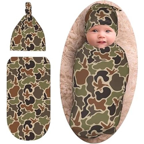 Camo Hunting Baby Stuff Newborn Swaddle Blanket with Beanie Set, Soft and Stretchy Baby Blanket Swaddle Sack for Boy and Girl
