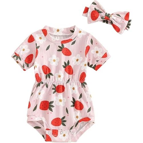 FOCUSNORM Baby Girl Summer Clothes Ribbed Short Sleeve Romper Solid Color Bodysuits Bow Headband Outfit Newborn Girl Jumpsuit