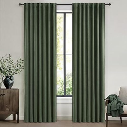 Elegant Blackout Curtains for Living Room Dark Olive Green Linen Blended Closet Cover Curtains 90 Inch Length 2 Panels Set Long Kitchen Drapes Back Tab/Rod Pocket/Hook Belt