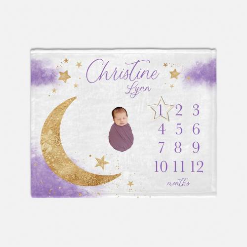 Moon and Stars Baby Milestone Blanket, Luna Blanket, Purple and Gold Moon Blanket,  Baby Girl Milestone Blanket, Monthly Baby Blanket T59