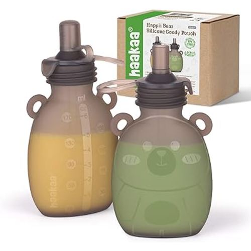 haakaa Happii Bear Silicone Goody Pouch,Reusable Baby Food Pouches for Homemade Organic Purees, Juices, Smoothies, and Yogurt - Perfect for Toddlers and Kids - 2 Pack, 6oz