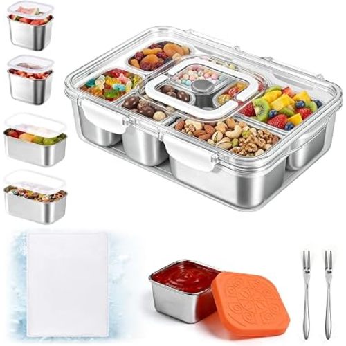 Qtencas Snackle Box Container with 6 Portable Removable Compartments, Ice Pack, Sauce Cup & Fork, Stainless Steel Divided Serving Tray with Lid and Handle for Road Trips Beach Camping