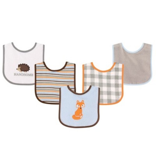 Luvable Friends Baby Boys Cotton Terry Drooler Bibs with PEVA Back 5pk, Fox, One Size
