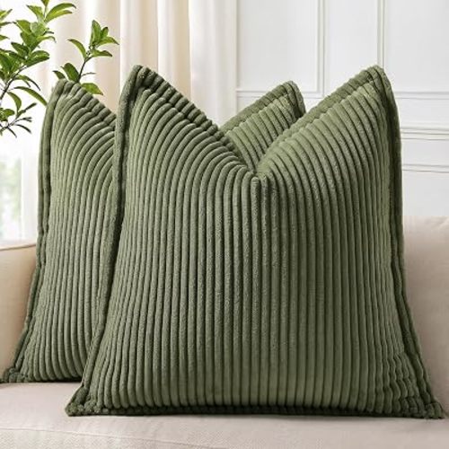 decorUhome Summer Corduroy Olive Green Throw Pillow Covers 18x18 Set of 2 Decorative Soft Boho Farmhouse Couch Pillow Covers for Living Room Bed Sofa Broadside Striped Pillow Cases
