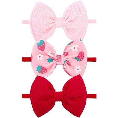 3 Pcs Baby Girl Headbands 4.5’’ Pink Bows Strawberry Hair Accessories Summer Outfits for Newborn Infant Toddler Girls Clothes