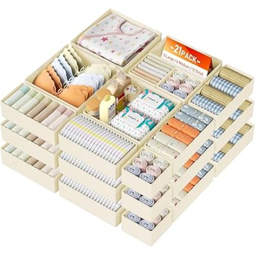 DIMJ Drawer Organizer Clothes, 21 Pack Dresser Organizer, Foldable Closet Organizers and Storage, Fabric Dresser Bins, Drawer Dividers for Nursery, Baby Clothes, Underwears, Sock