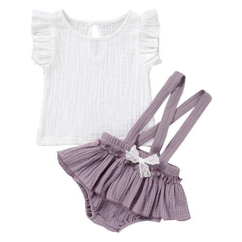 IROINNID Infant Girl's Solid Linen Ruffle Tee Tops Suspender Shorts Outfits