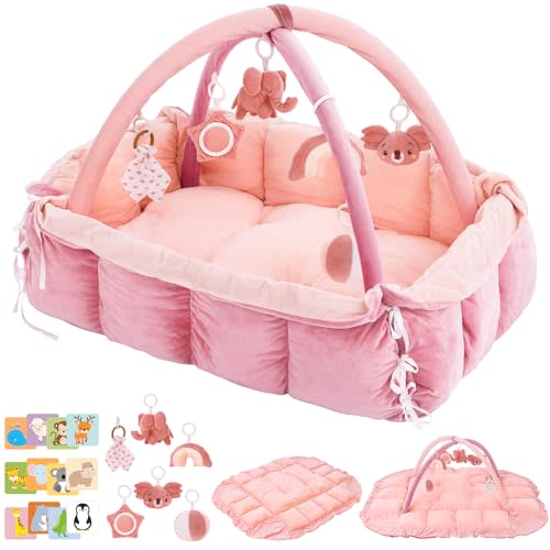 5-in-1 Baby Play Gym and Tummy Time Mat, 12 Learning Cards, Plush Activity Mat with 6 Toys, Baby Gym, Convertible to Ball Pit, Baby Gift, Light Pink