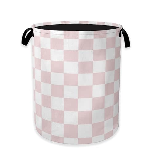 Pink White Checkered Laundry Hamper,Modern Girls Collapsible Laundry Baskets,Waterproof Oxford Cloth Laundry Room Organization for Bedroom,Bathroom,Nursery,16x20 Inch