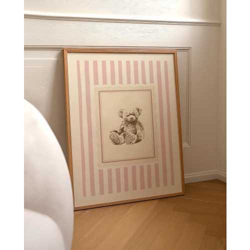 Vintage Teddy Bear Art Print – Whimsical Pink Stripe Nursery Wall Art, Quiet Luxury Print, Farmhouse Cottagecore Decor, Digital Download