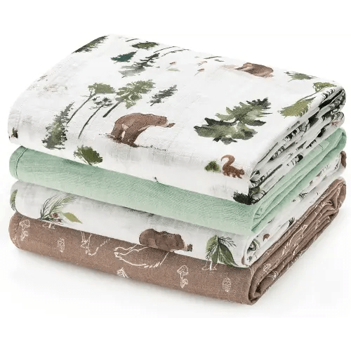 david's kids 4 Pack Baby Muslin Swaddle Blankets, 100% Cotton and Ultra Soft Breathable Receiving Blanket Wrap for Boys Girls, New Born Essentials, Large 47 x 47 inches, Woodland Animals/Green