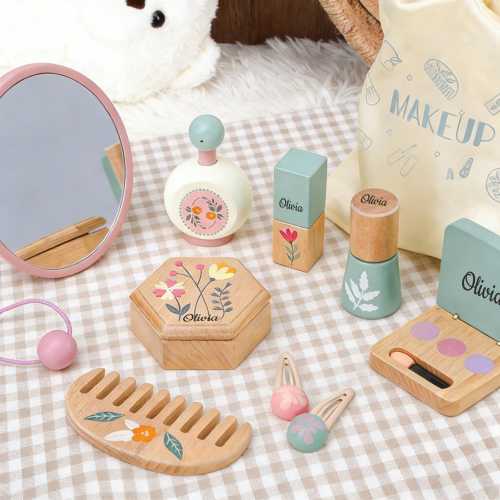 Personalized Wooden Makeup Toy Set, Custom Name Montessori Cosmetic Play Set, Wooden Pretend Makeup Kit for Toddlers,Birthday Gift for Girls