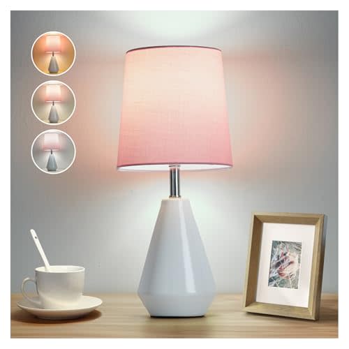 Small Bedside Table Lamp for Bedroom - Reading Desk Lamp with 3 Color Temperatures，15.5" Nightstand Ceramic Lamp with Fabric Shade for Kids Room,Living Room,Dorm,Home Office (White+Pink