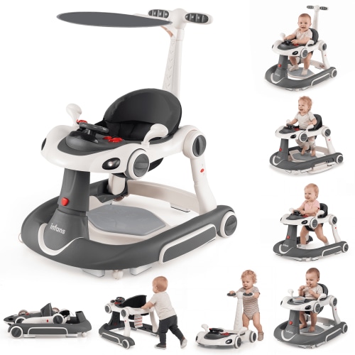 INFANS 6-in-1 Baby Walker, Converts Push Car to Bouncer, Rocker with Music, Lights, Adjustable Height & Speed, Activity Center, Canopy for 7-18 Months