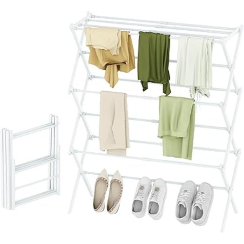 STARLATTA Foldable Drying Rack Clothing, 3-Tier Portable Clothes Drying Racks for Indoor & Outdoor, Anti-Rust Compact Laundry Rack Collapsible, White 28" D x 10" W x 35" H